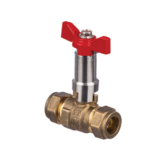 DZR INTABALL VALVE WITH EXTENSION STEM - RED BUTTERFLY HANDLE